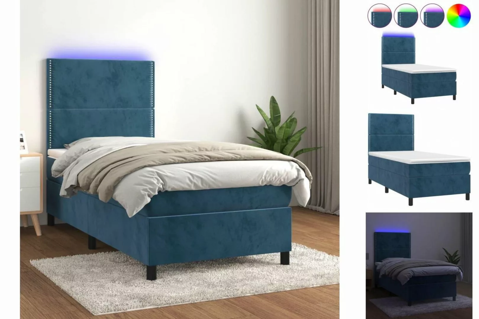 vidaXL Bettgestell Boxspringbett mit Matratze LED Dunkelblau 90x200 cm Samt günstig online kaufen