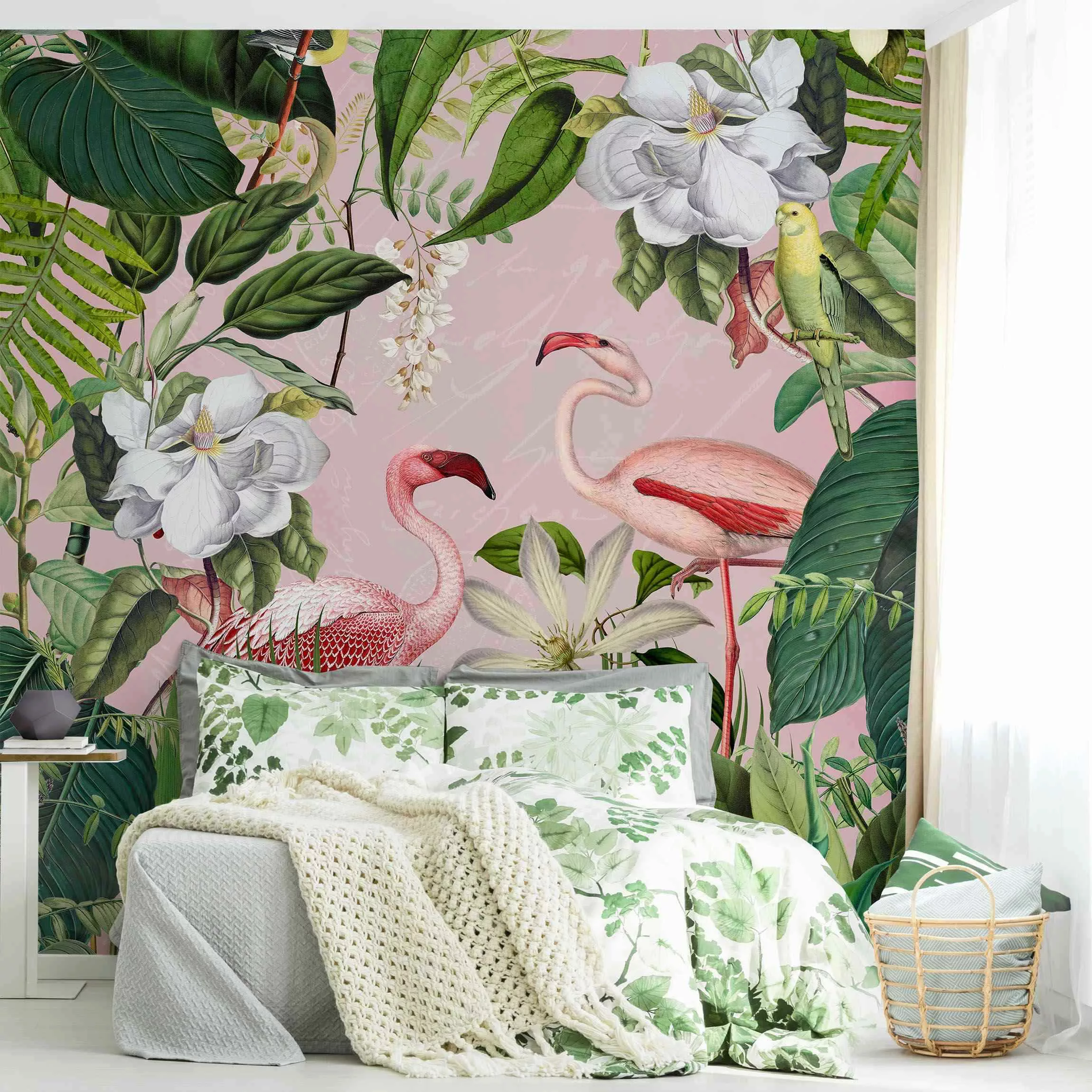 Fototapete Tropische Flamingos mit Pflanzen in Rosa günstig online kaufen