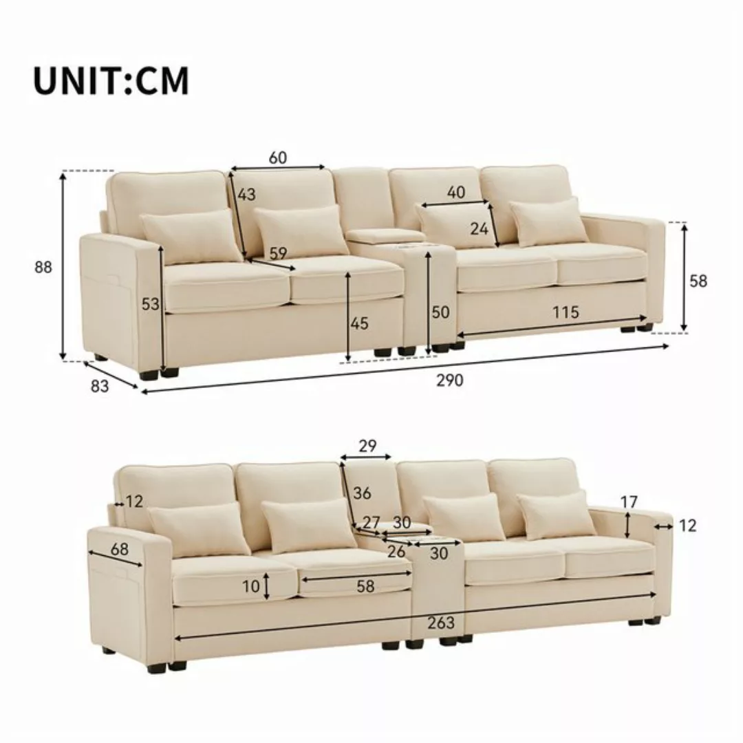 Sweiko Sofa 4-Sitzer-Sofa aus Leinenstoff mit 2 Getränkehaltern, 2 USB-Ansc günstig online kaufen