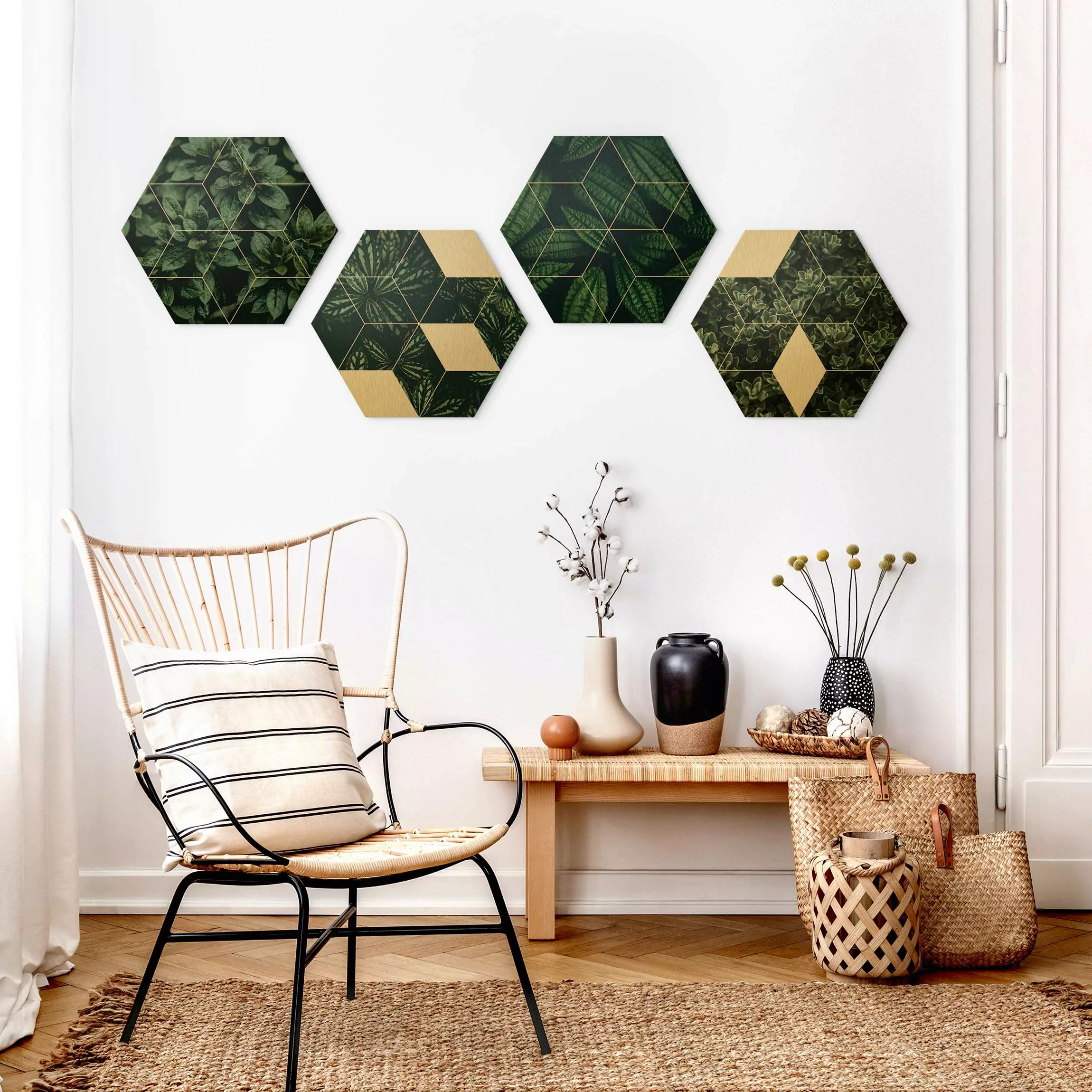 4-teiliges Hexagon-Alu-Dibond Bild Grüne Blätter Geometrie Set I günstig online kaufen