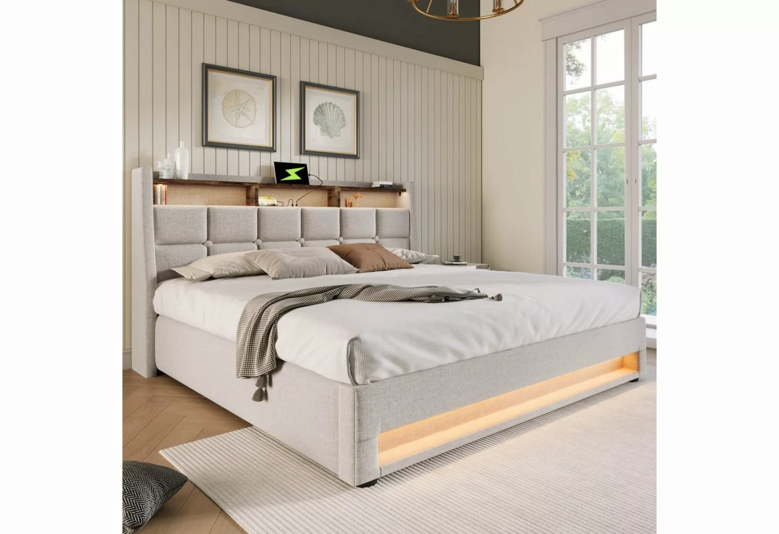 WISHDOR Polsterbett Bett (LED Doppelbett Jugendbett mit USB/Typ-C Ladeansch günstig online kaufen