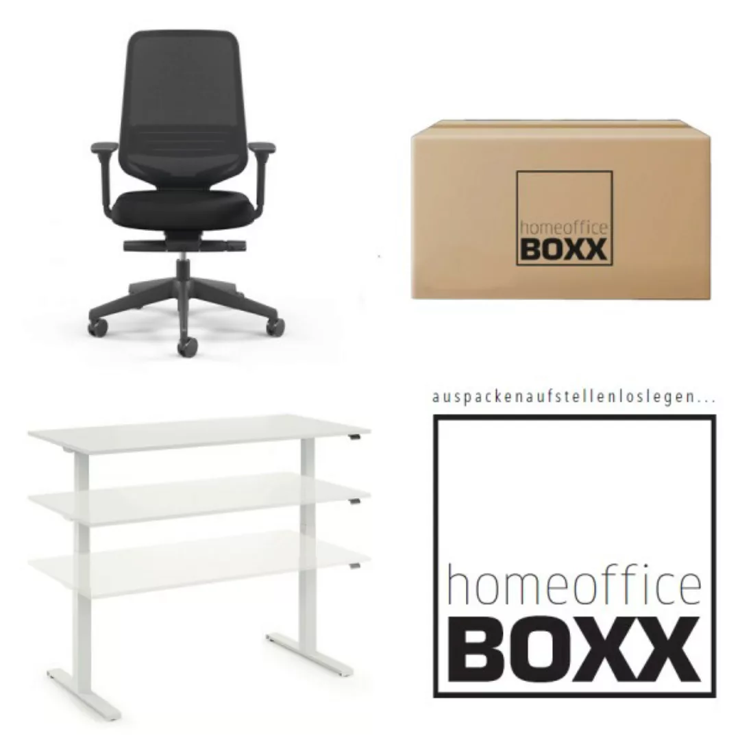 FM Homeoffice BOXX 2.0 - EASY GO Schreibtisch weiß und ATTACK Bürodrehstuhl günstig online kaufen