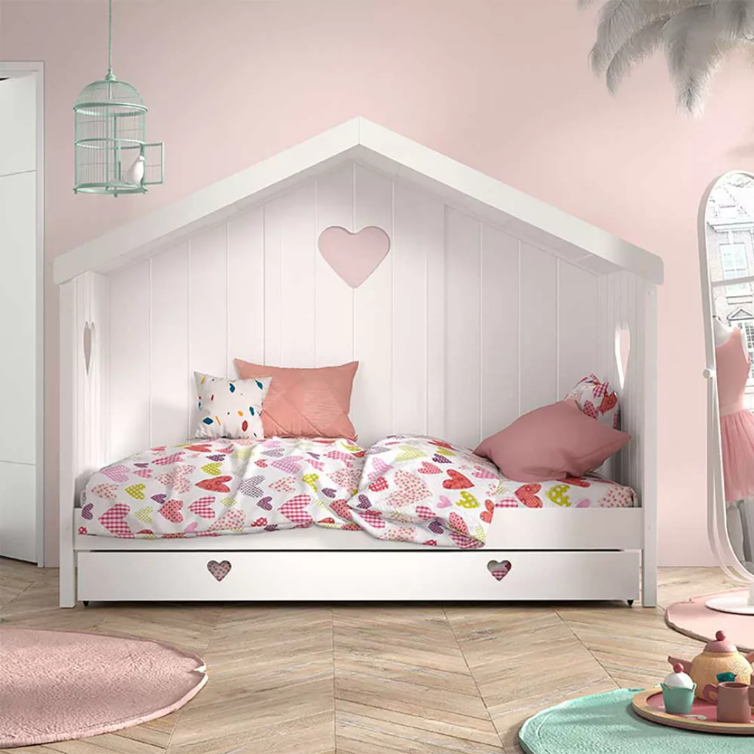 Kinderzimmer Bett Haus weiß mit Herz Motiv 172 cm hoch günstig online kaufen