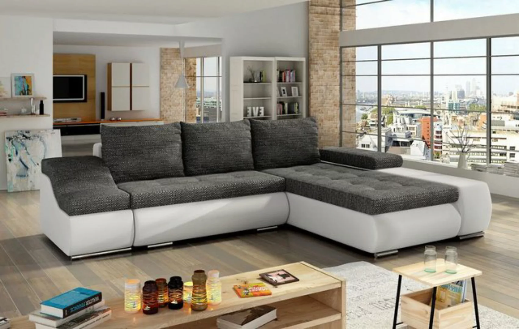 JVmoebel Ecksofa Design Ecksofa Schlafsofa Bettfunktion Couch Leder Textil günstig online kaufen
