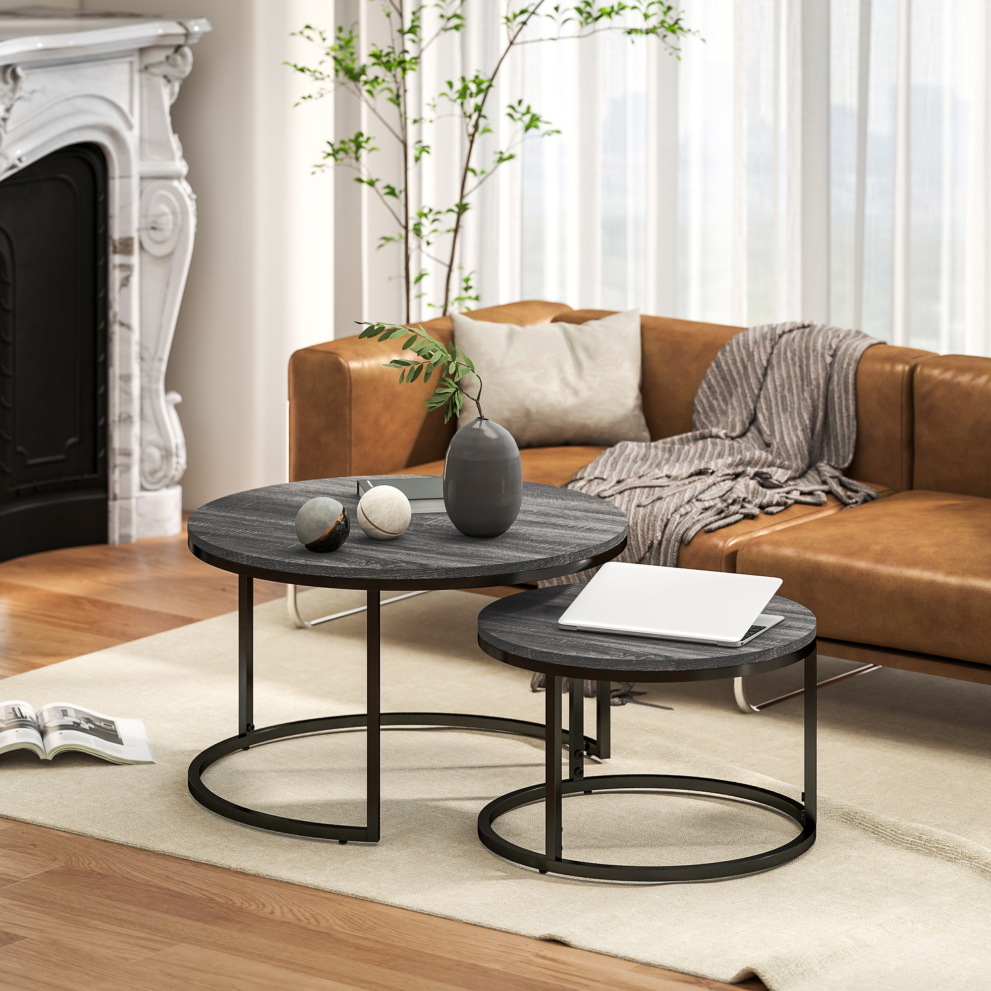HOMCOM Couchtisch rund 2er Set Stapelbarer Beistelltisch mit Metallrahmen, günstig online kaufen