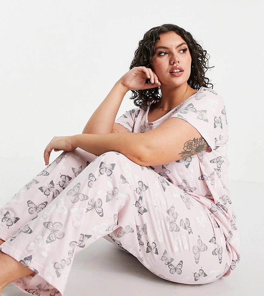 Yours – Kurzes Pyjama-Set mit Schmetterlingsprint in Rosa-Weiß günstig online kaufen