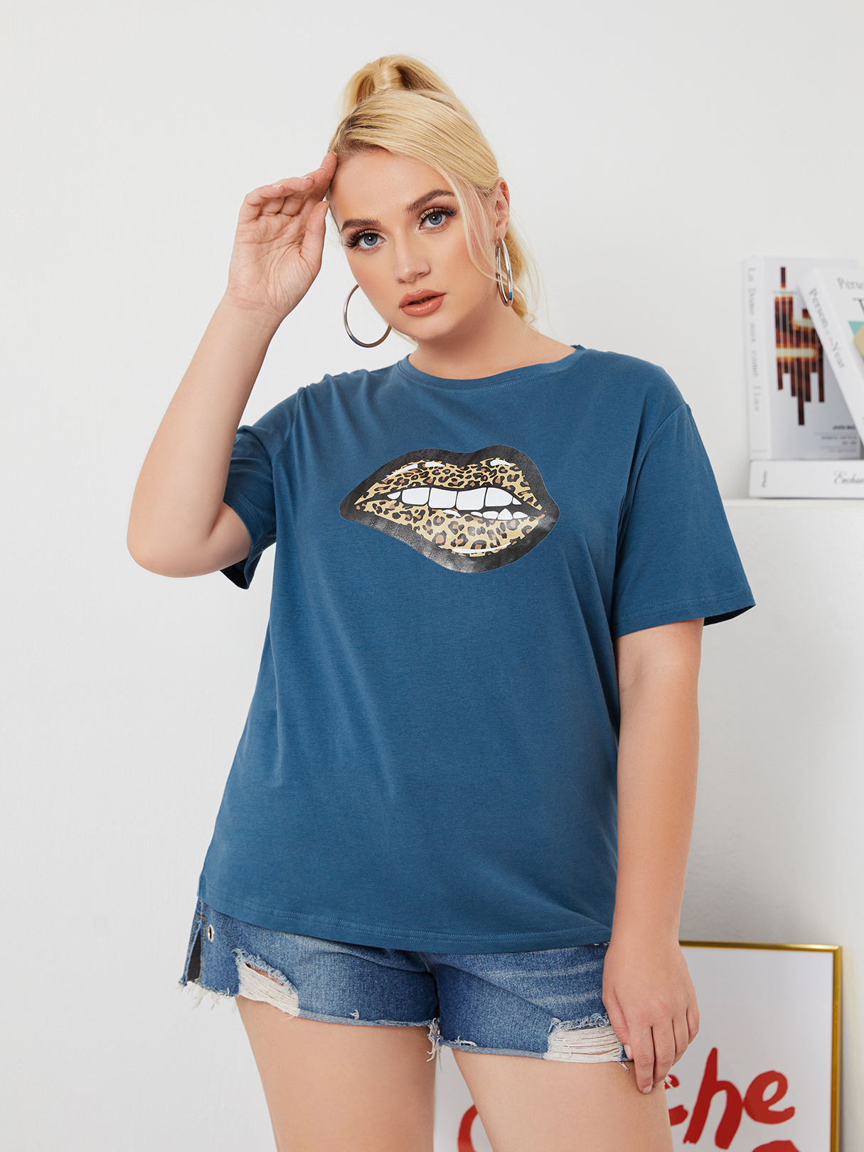 Plus Size Rundhalsausschnitt Mund Kurzarm T-Shirt günstig online kaufen