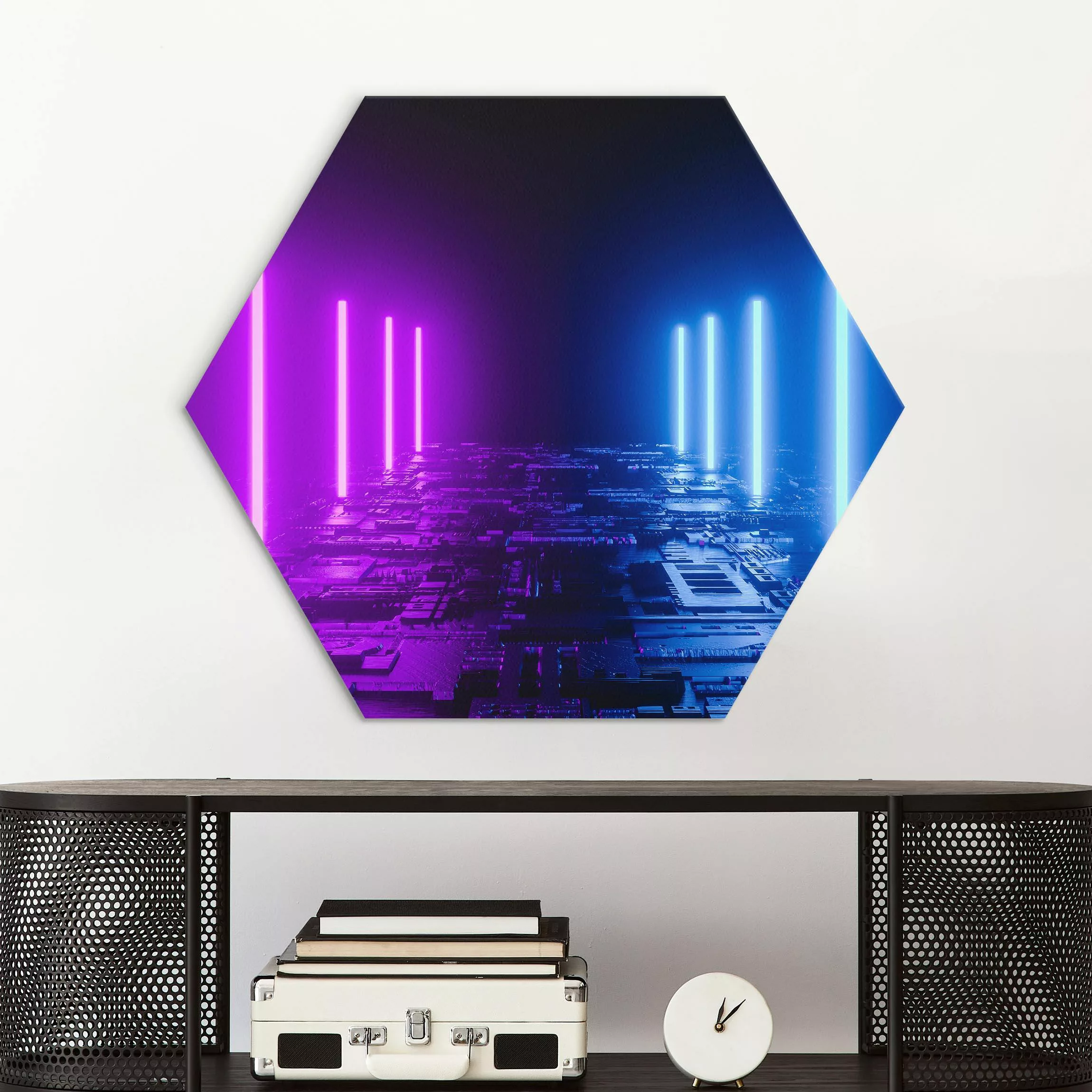 Hexagon-Alu-Dibond Bild Neonlichter in Lila und Blau günstig online kaufen