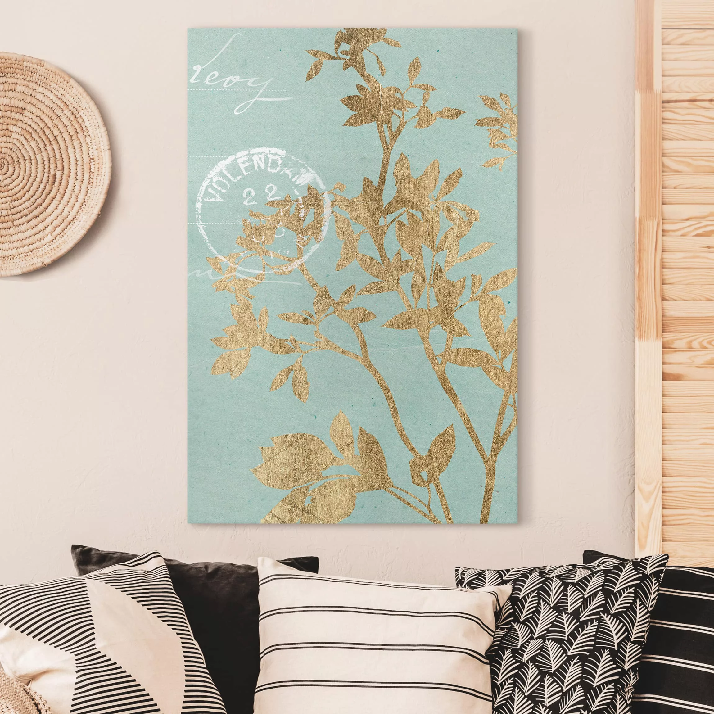 Leinwandbild Spruch - Hochformat Goldene Blätter auf Turquoise II günstig online kaufen