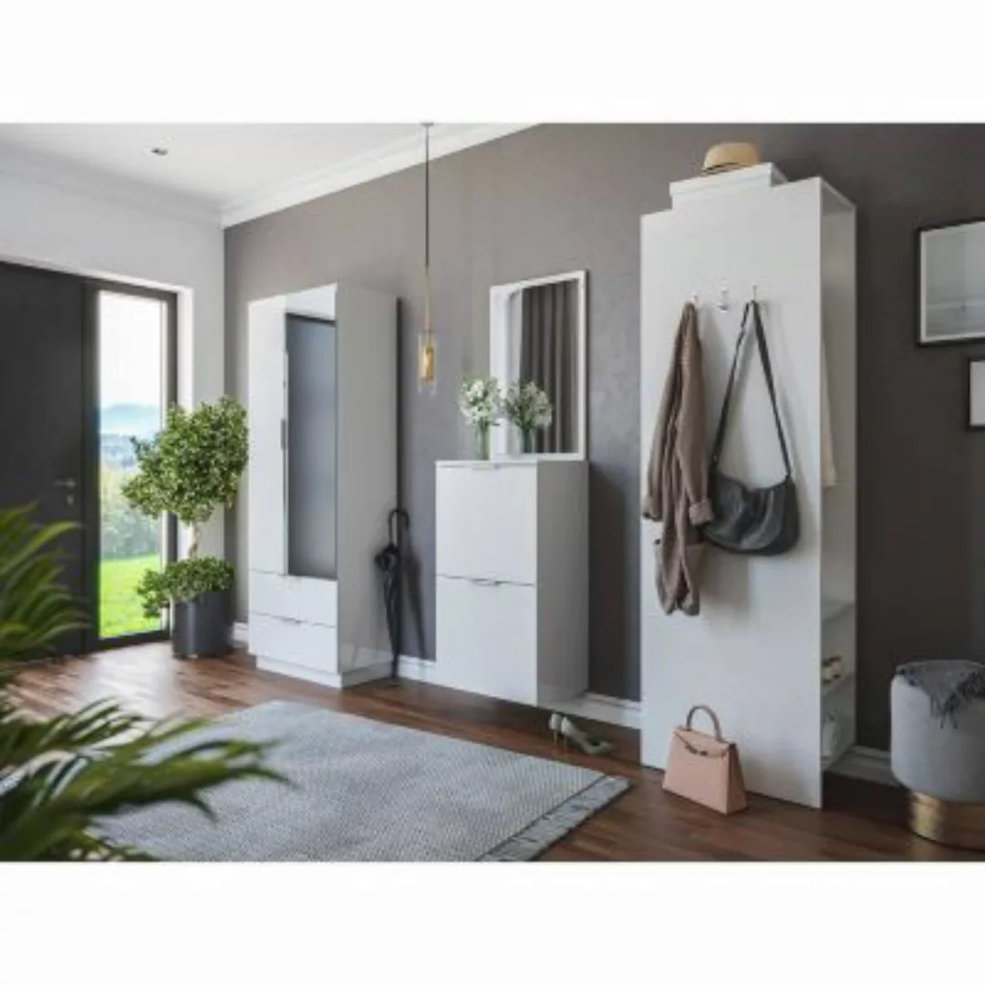Lomadox Modernes Garderoben Set weiß Hochglanz RENO-02-M 4-teilig Flurschra günstig online kaufen