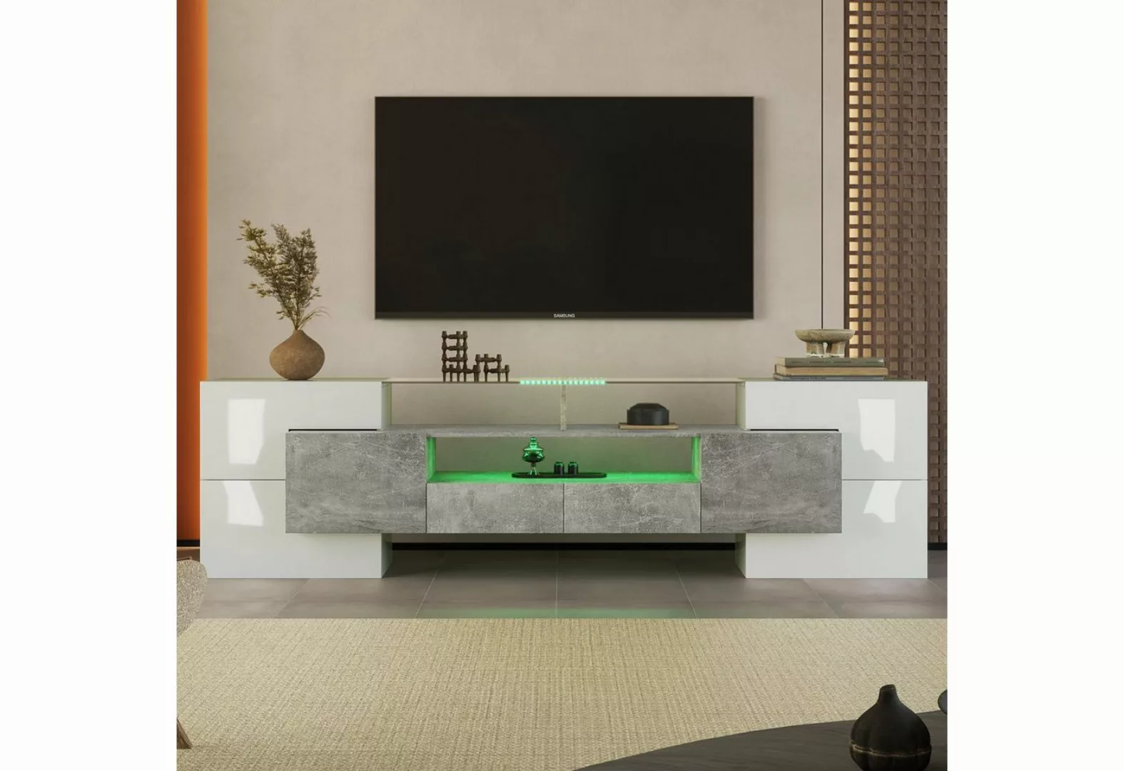 REDOM TV-Schrank Lowboard (1-St., Weiß+Grau, 200 cm) LED-Beleuchtung, Wohnz günstig online kaufen