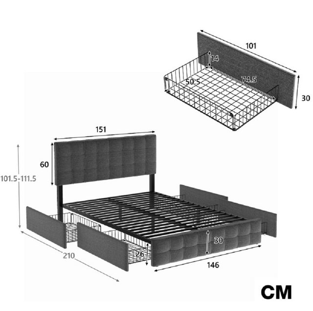 Fangqi Polsterbett Doppelbett 140*200cm mit 4 Schubladen, höhenverstellbare günstig online kaufen