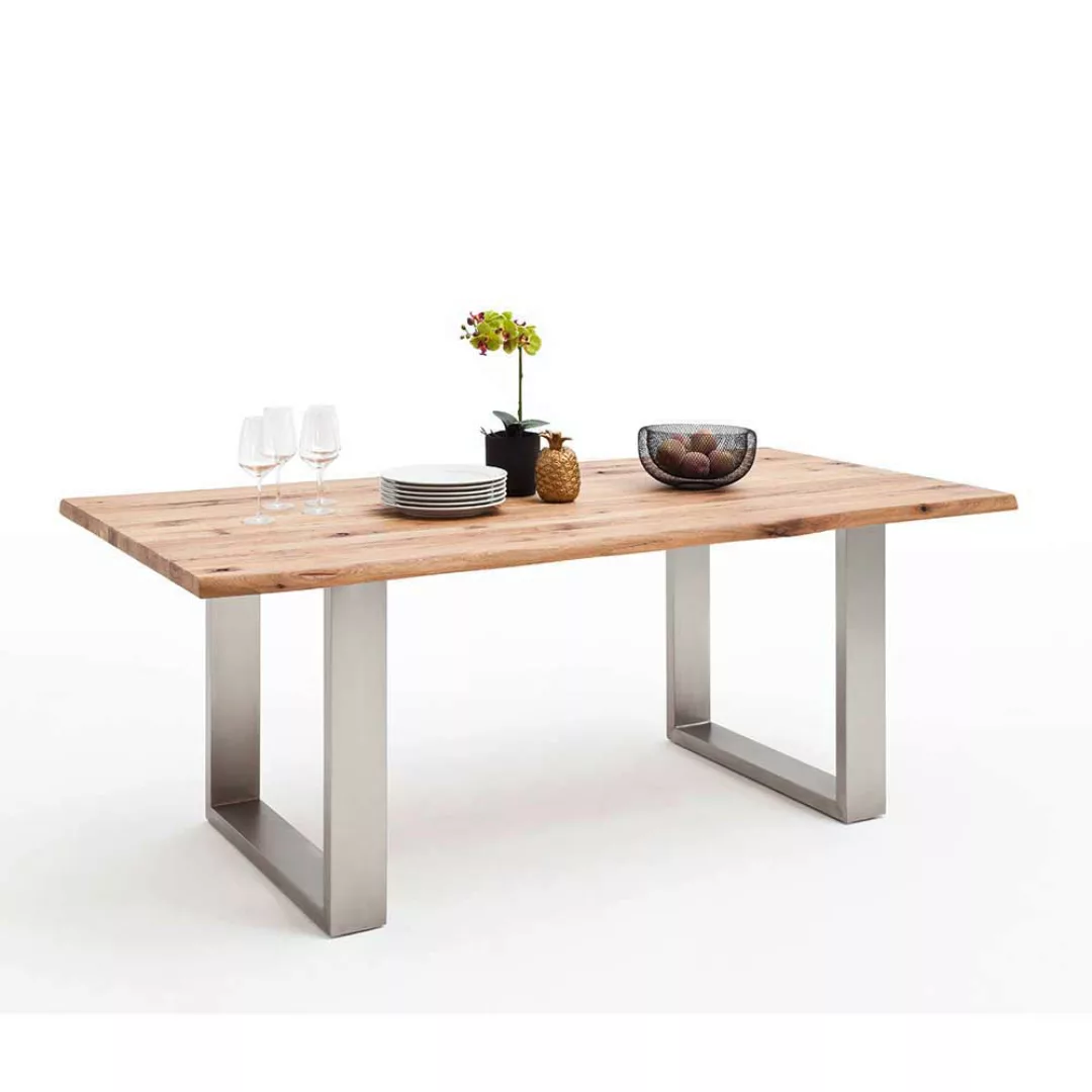 Baumkanten Tisch aus Zerreiche Massivholz Edelstahl günstig online kaufen