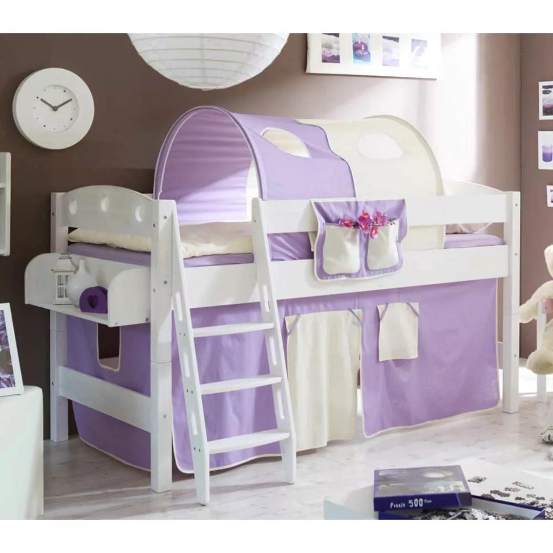 Kinder Einzelbett in Weiß Kiefer massiv Turm und Vorhang in Lila Beige günstig online kaufen