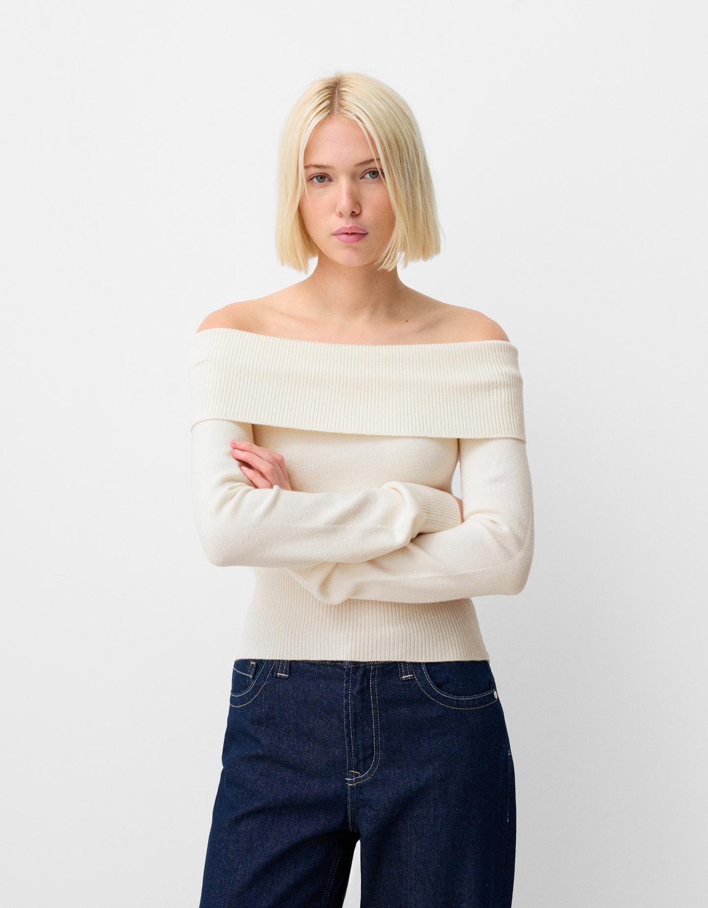 Bershka Pullover Mit Carmen-Ausschnitt Damen Xs Rohweiß günstig online kaufen