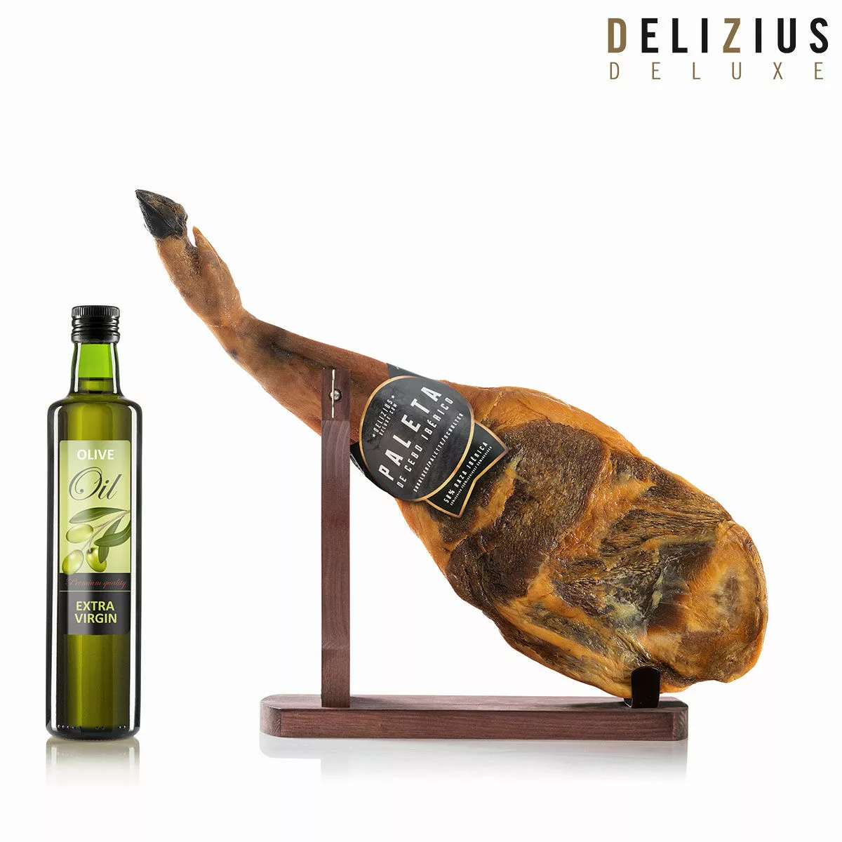 Set Aus Iberischem Cebo-vorderschinken, Olivenöl Und Schinkenhalter Deliziu günstig online kaufen