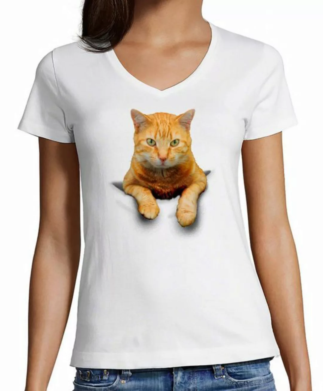 MyDesign24 T-Shirt Damen Katzen Print Shirt bedruckt - Gelbe Katze in der T günstig online kaufen