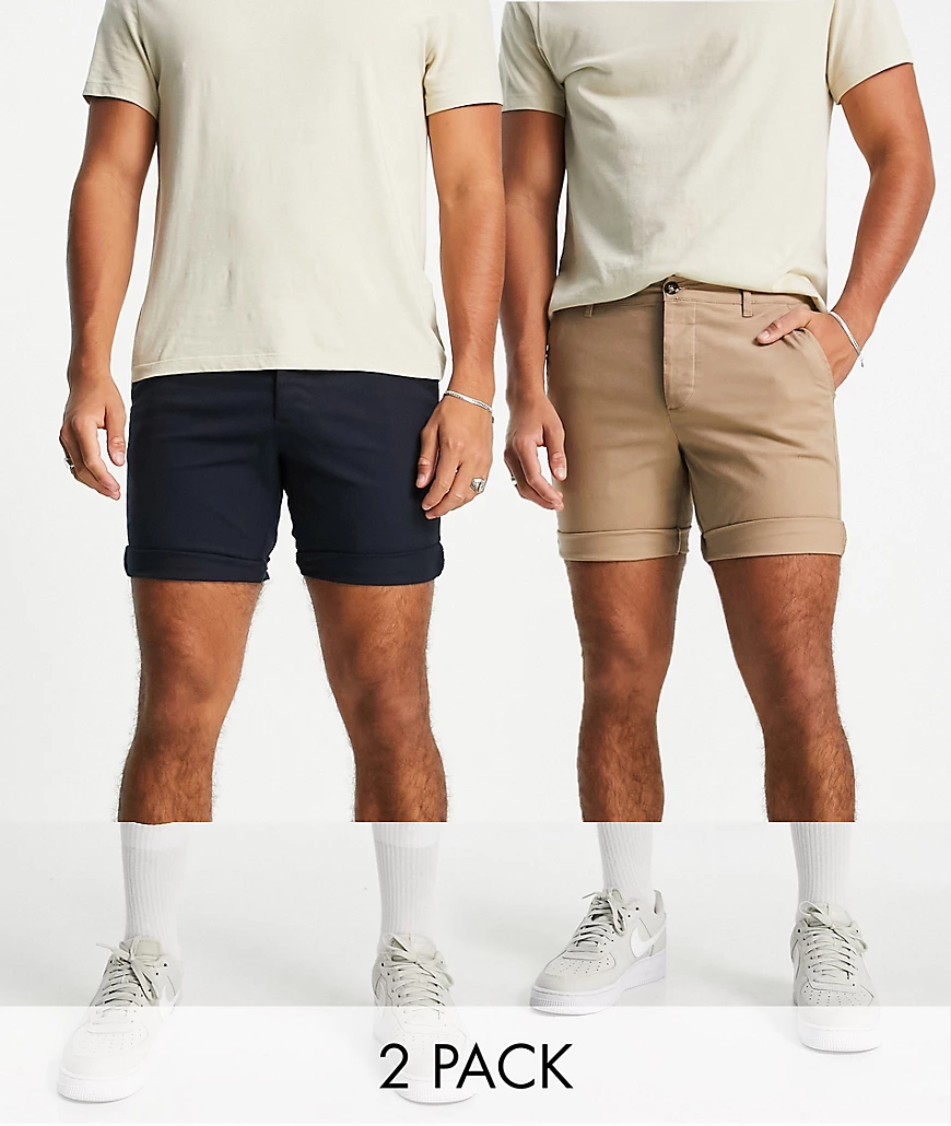 ASOS DESIGN – 2er Pack schmal geschnittene Chino-Shorts in Stone & Marinebl günstig online kaufen