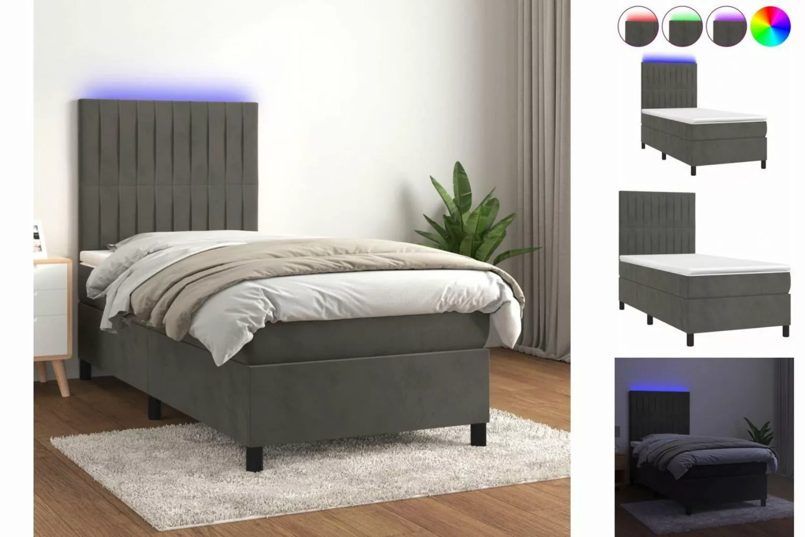 vidaXL Bettgestell Boxspringbett mit Matratze LED Dunkelgrau 90x200 cm Samt günstig online kaufen