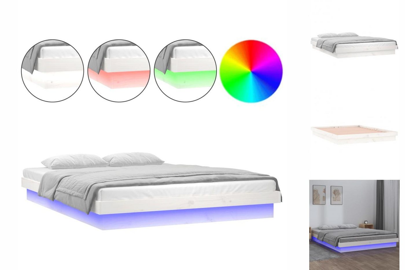 vidaXL Bettgestell Massivholzbett mit LEDs Weiß 200x200 cm Bett Bettrahmen günstig online kaufen