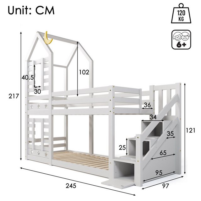 IDEASY Hausbett Doppelbett mit Holzrahmen, weiß, Hausfenster-Design, 90 x 2 günstig online kaufen