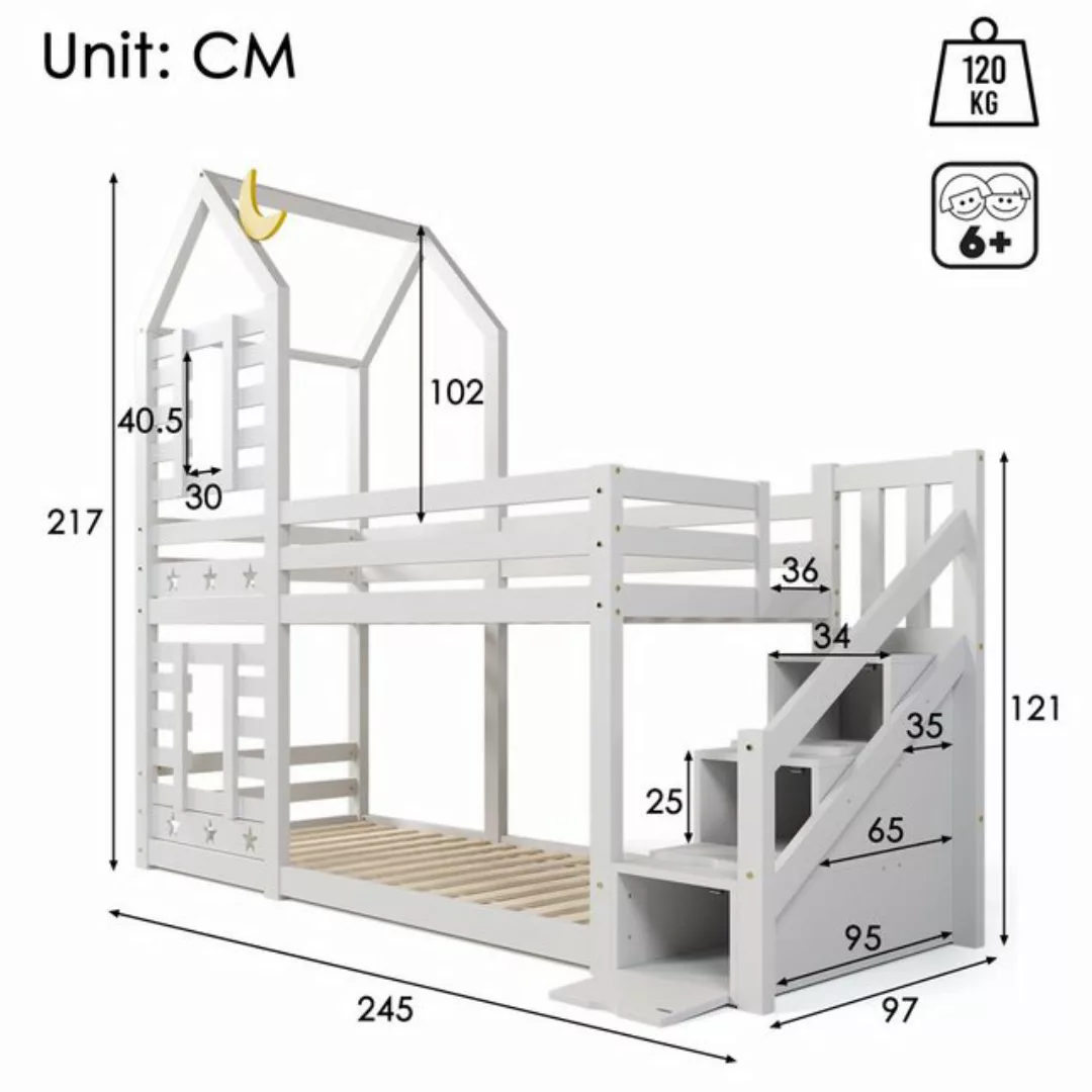 MODFU Etagenbett Etagenbett (Hausbett mit Stauraum unter der Treppe 90x200c günstig online kaufen