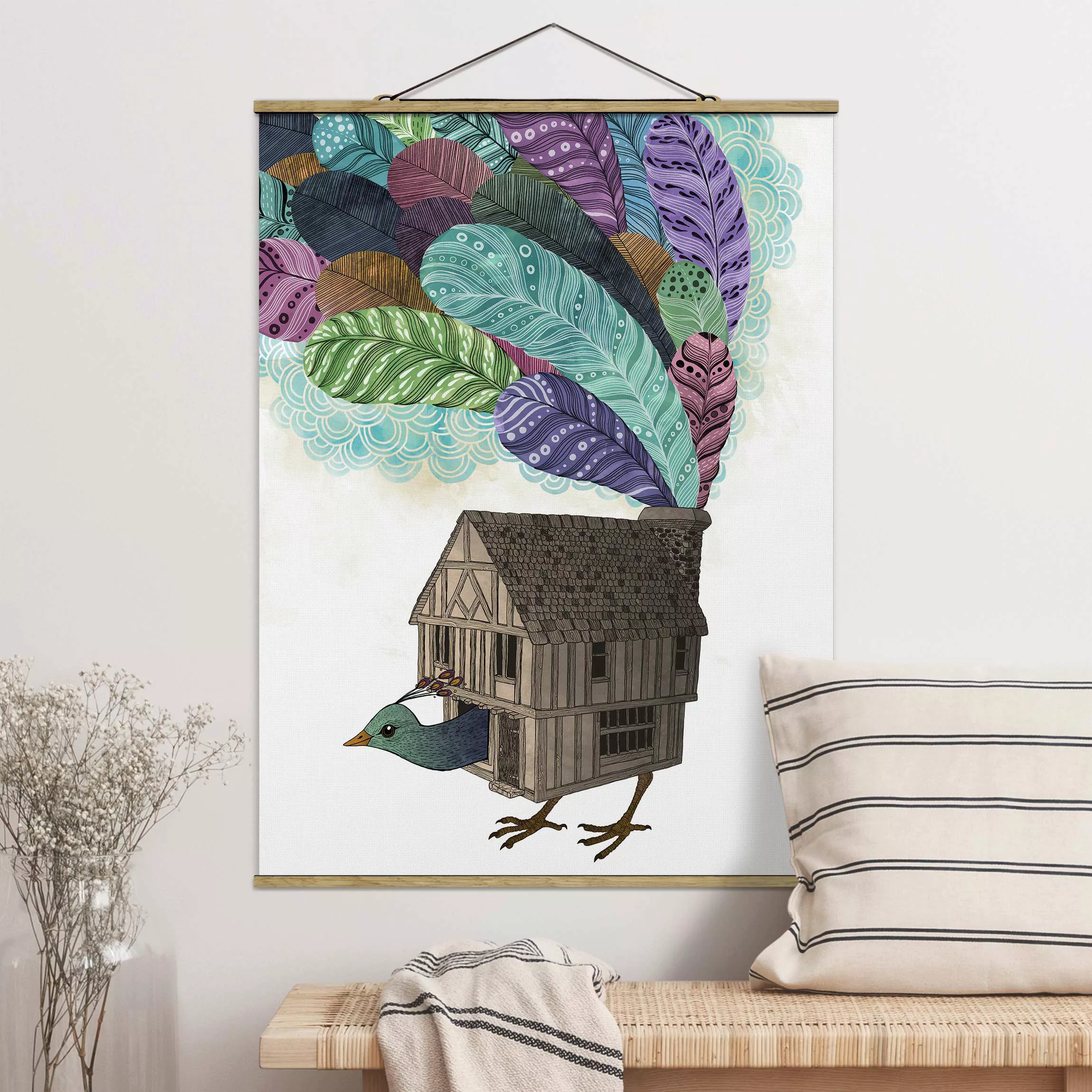 Stoffbild Tiere mit Posterleisten - Hochformat Illustration Vogel Haus mit günstig online kaufen