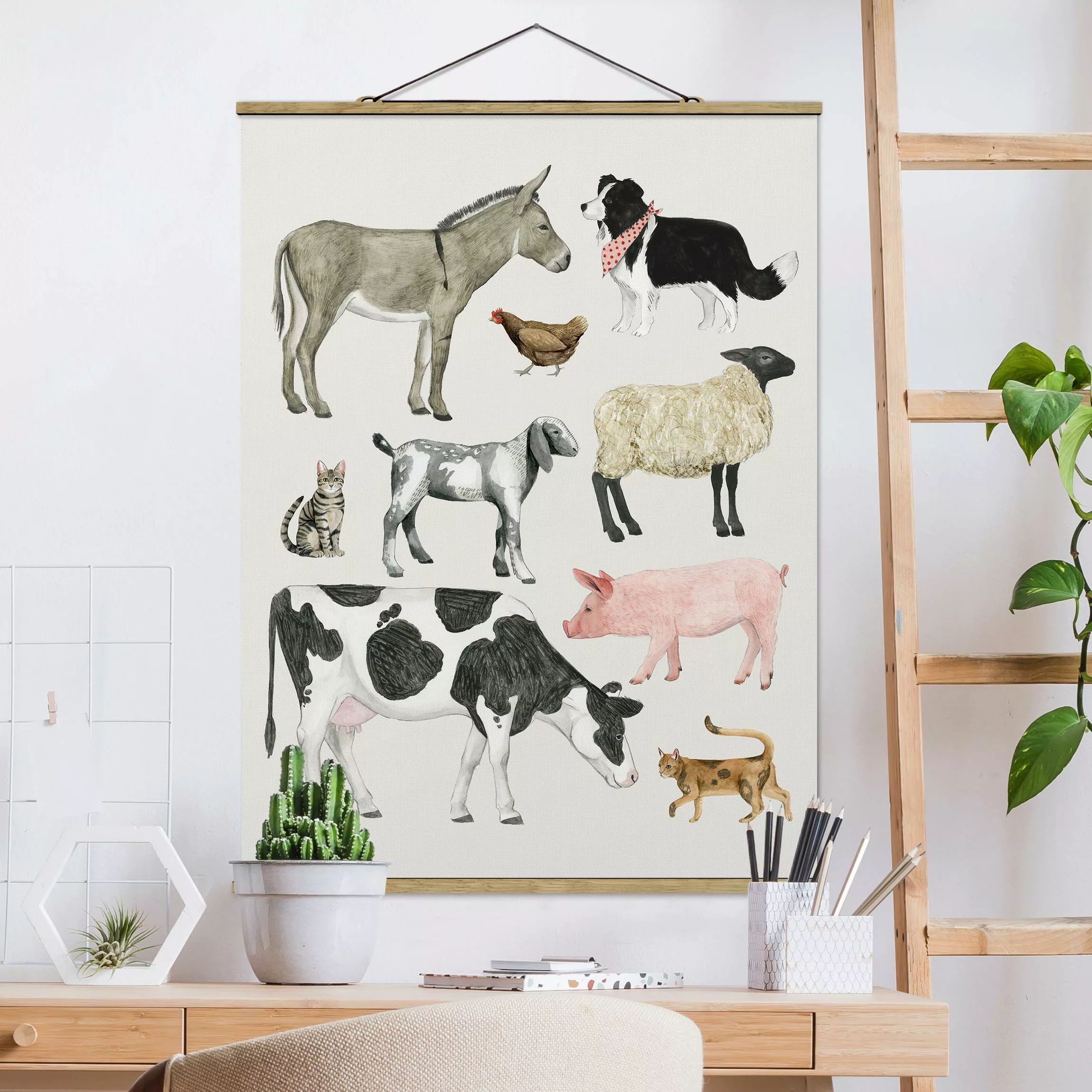 Stoffbild Tiere mit Posterleisten - Hochformat Bauernhof Tierfamilie II günstig online kaufen