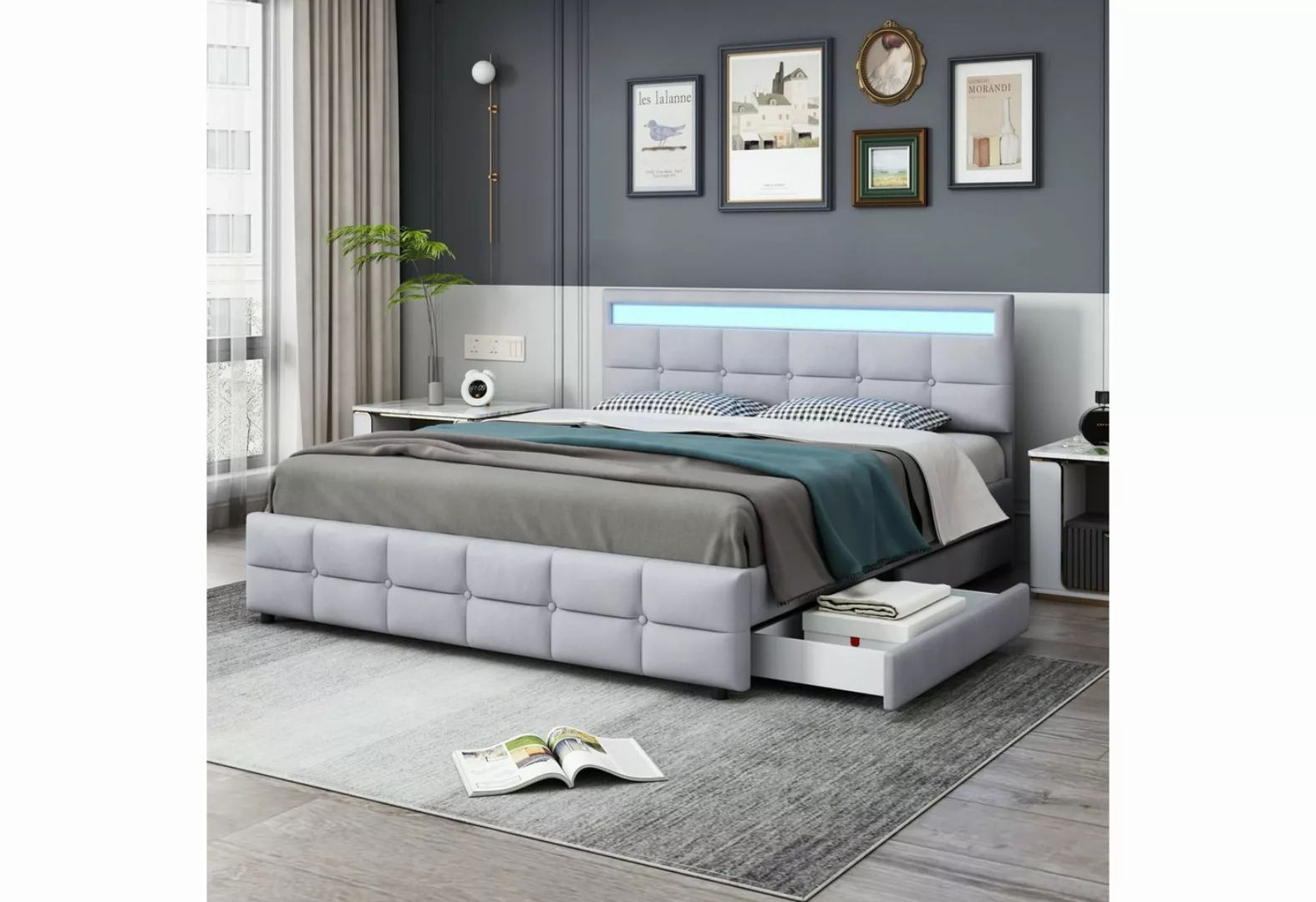 Ulife Polsterbett Doppelbett mit 4 Schubladen, LED, Samt, Verstellbares Kop günstig online kaufen