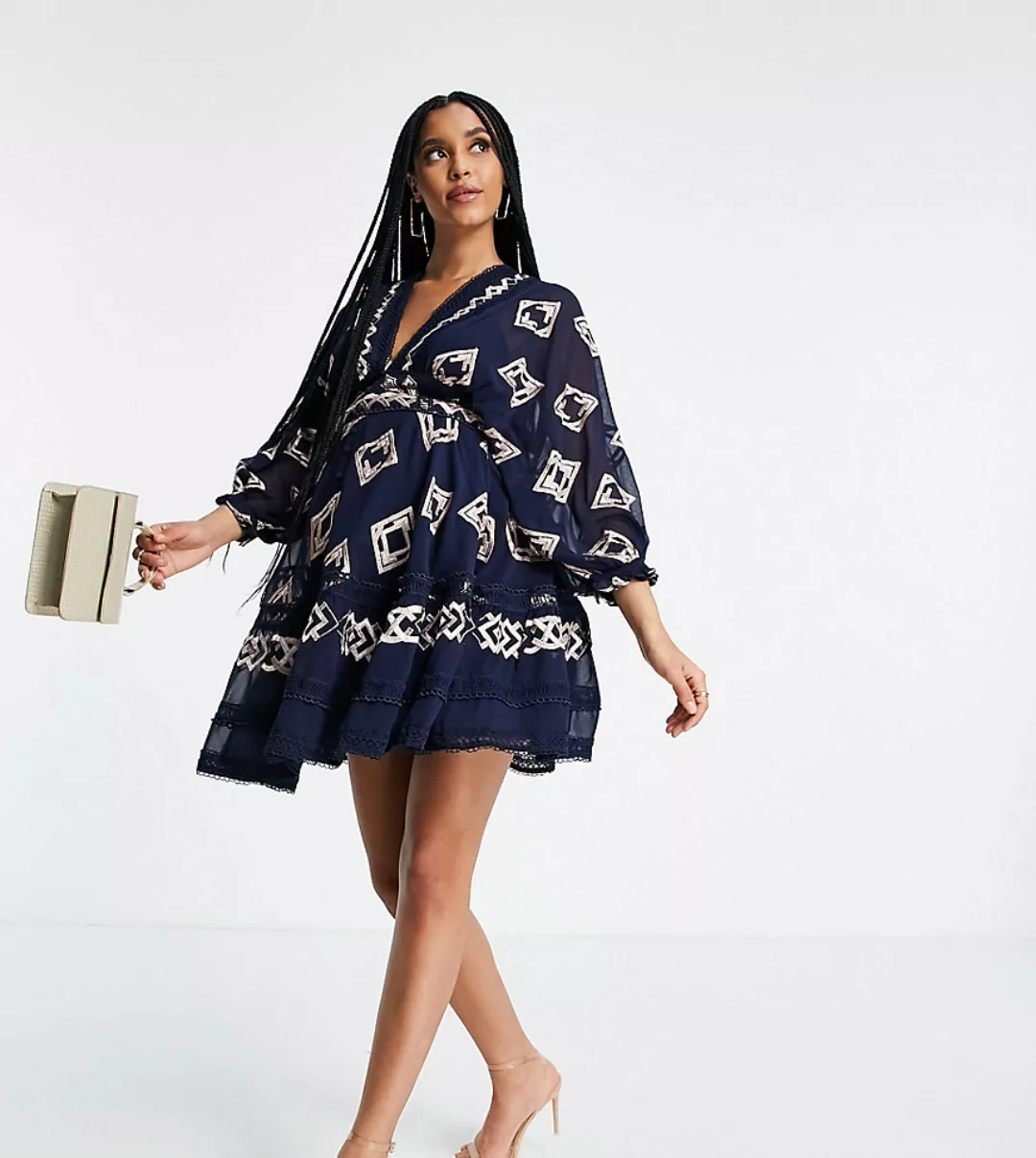 ASOS DESIGN Maternity – Besticktes Minikleid mit Blousonärmeln-Blau günstig online kaufen