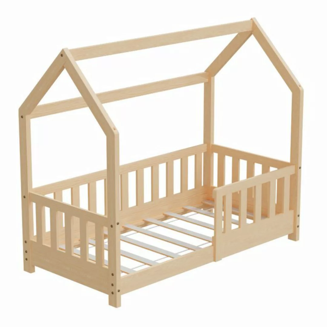 HAGO Kinderbett 70x140cm Natur Hausbett Dach Rausfallschutz Massivholz Kief günstig online kaufen