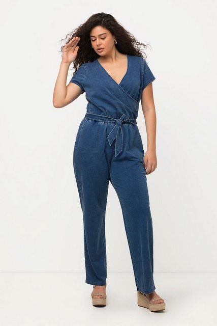 Ulla Popken Culotte Jeans-Jumpsuit weites Bein V-Ausschnitt Halbarm günstig online kaufen