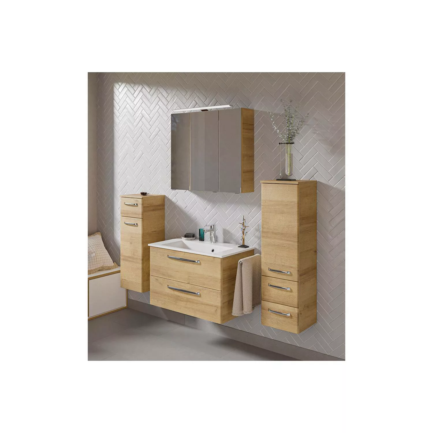 Badezimmer Set mit Mineralmarmor Waschbecken TRENTO-66 in Riviera Eiche Nb. günstig online kaufen