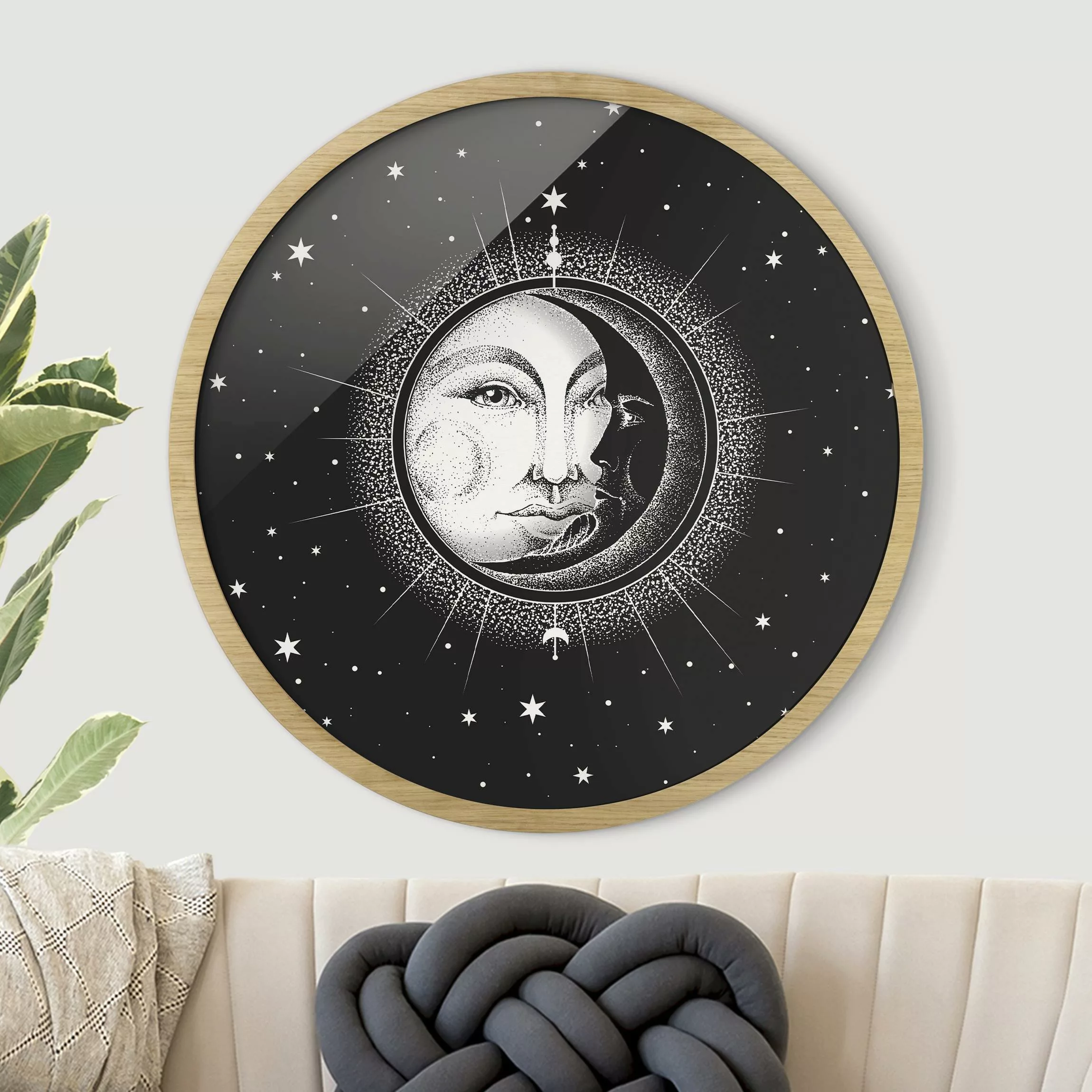 Rundes Gerahmtes Bild Vintage Sonne und Mond Illustration günstig online kaufen