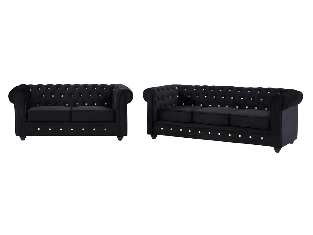 Sofas 3-Sitzer & 2-Sitzer - Samt - Schwarz mit Knöpfen in Kristall-Optik - günstig online kaufen