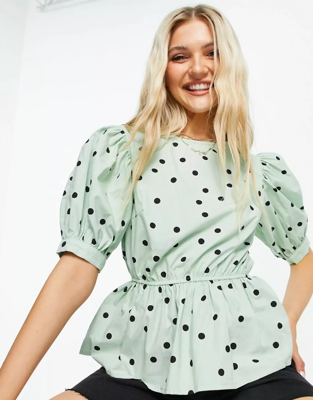 Influence – Gepunktete Popeline-Bluse aus Baumwolle in Minzgrün günstig online kaufen