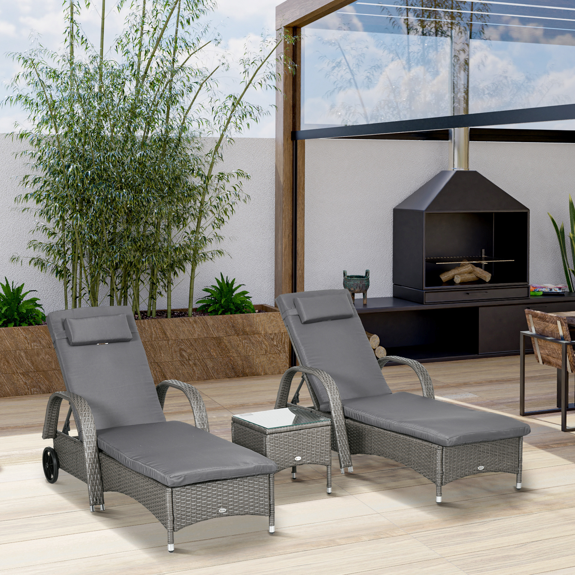 Outsunny Sonnenliege Gartenliege 3er-Set Gartenmöbel, Polyrattan & Metall, günstig online kaufen