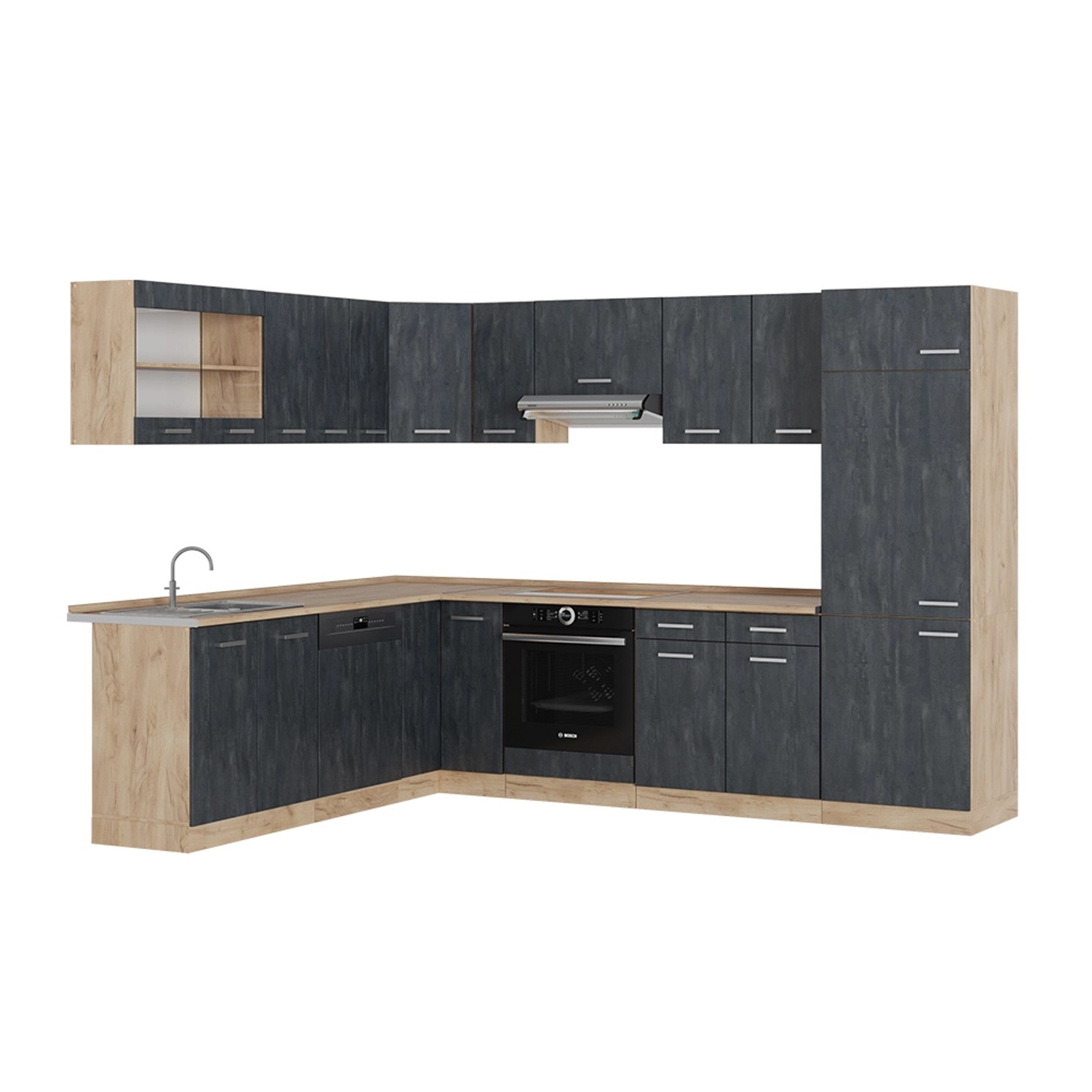 Vicco Winkelküche R-Line, Schwarz Beton/Goldkraft Eiche, günstig online kaufen