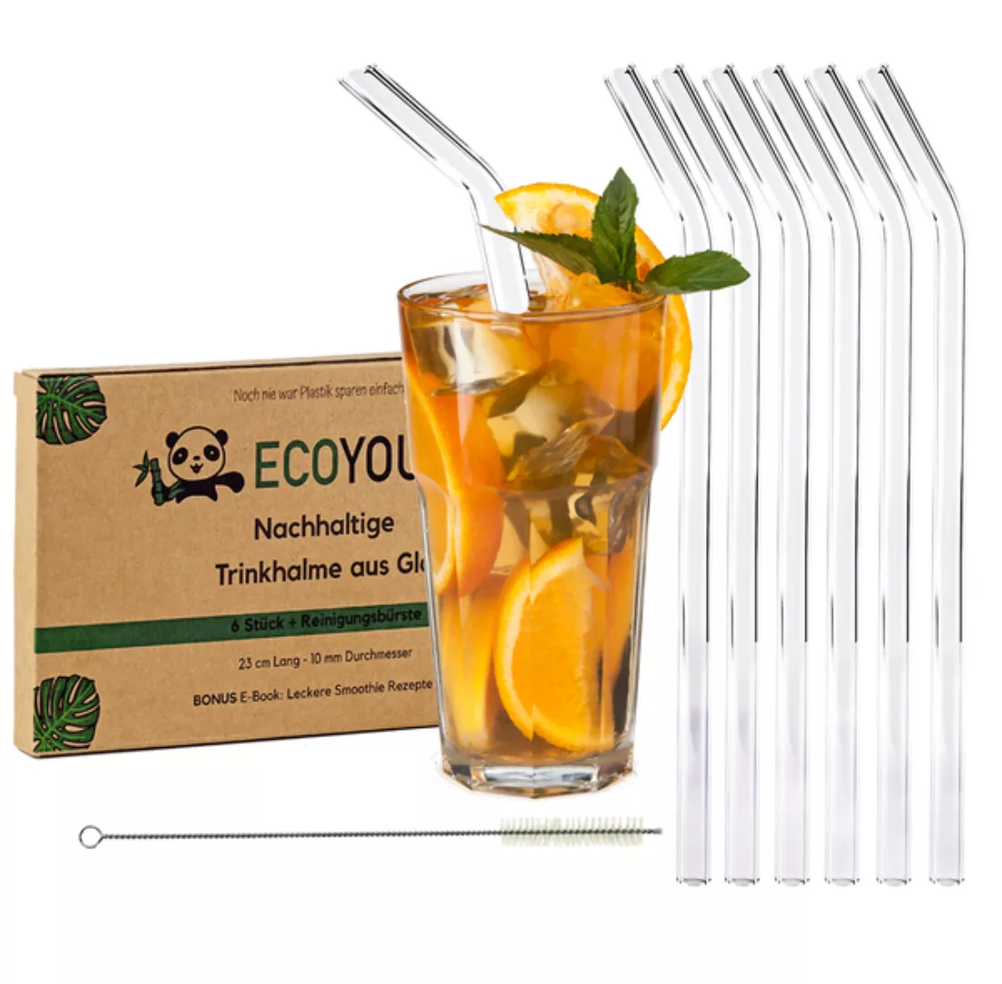 Ecoyou® Glas Trinkhalme Gebogen + Natur Bürste 6x23cm Strohhalme Glas günstig online kaufen