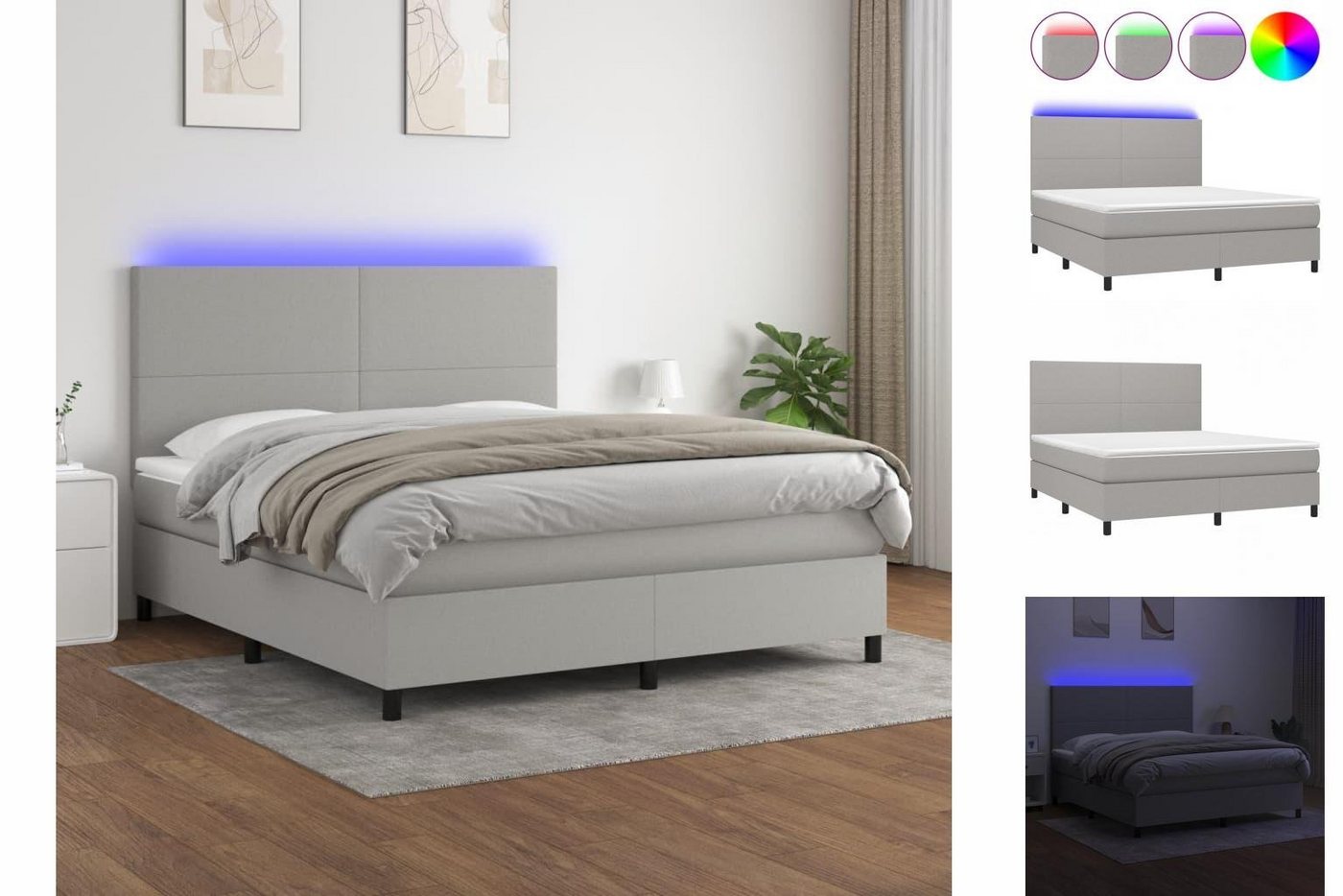 vidaXL Bettgestell Boxspringbett mit Matratze LED Hellgrau 180x200 cm Stoff günstig online kaufen