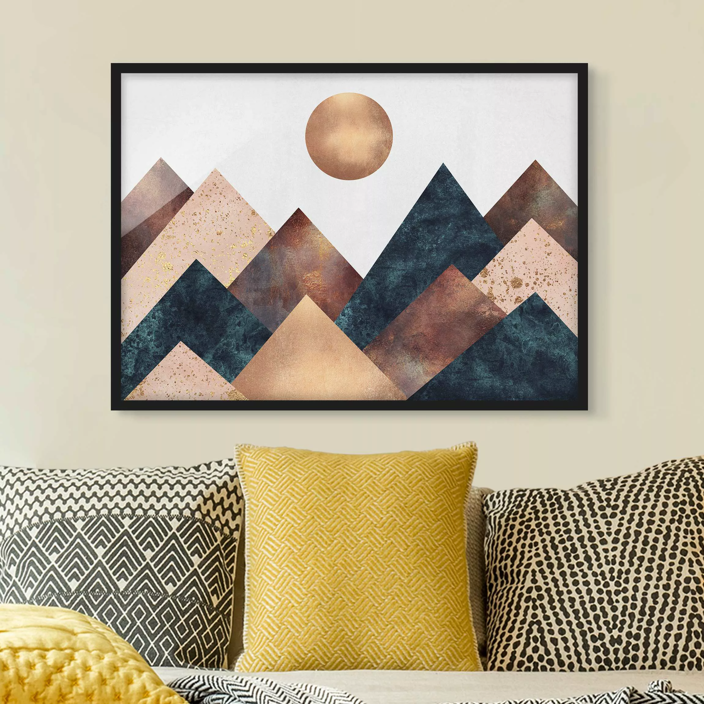 Bild mit Rahmen - Querformat Geometrische Berge Bronze günstig online kaufen