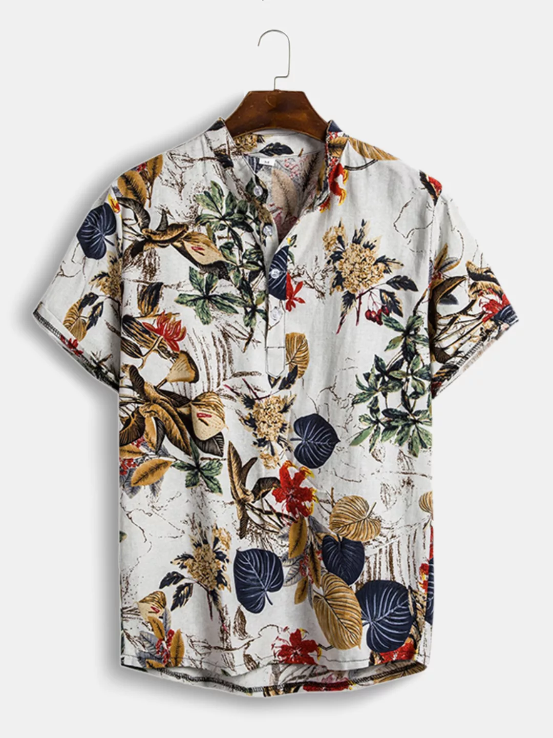 Herren Baumwolle Tropical Plants Print Kurzarm Henley Shirt günstig online kaufen