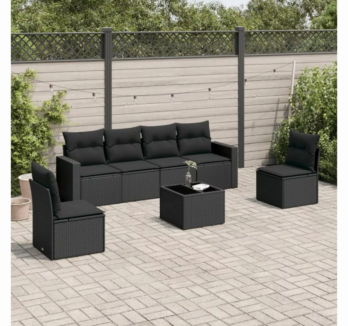 vidaXL Loungesofa 7-tlg. Garten-Sofagarnitur mit Kissen Schwarz Poly Rattan günstig online kaufen