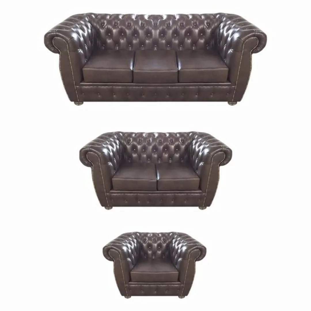 JVmoebel Chesterfield-Sofa Komplett Set 3tlg Wohnzimmer Sofagarnitur Braun günstig online kaufen