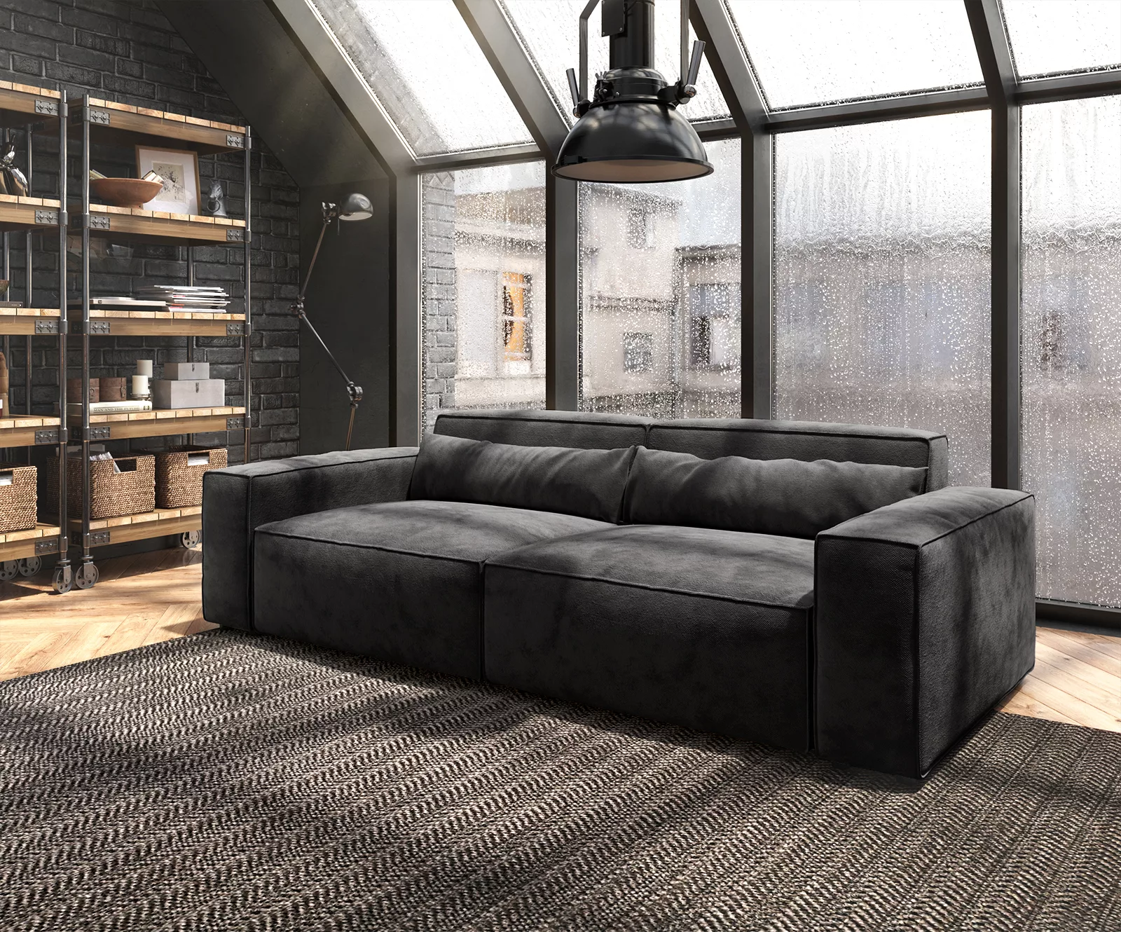 Big-Sofa Sirpio L 260x110 cm Mikrofaser Schwarz mit Hocker günstig online kaufen