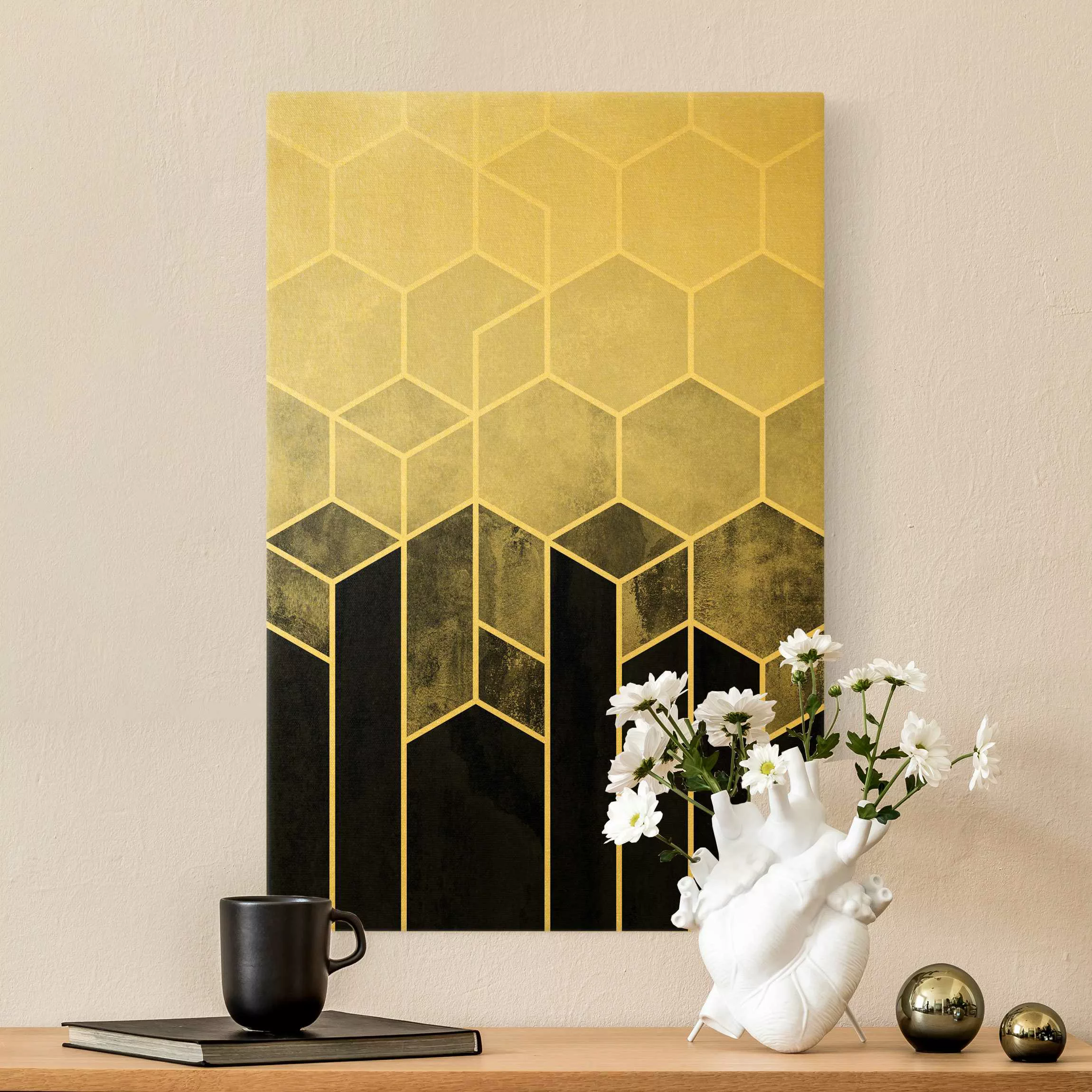 Leinwandbild Gold Goldene Geometrie - Sechsecke Schwarz Weiß günstig online kaufen