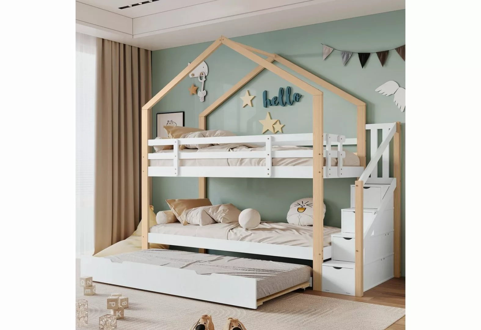 Flieks Etagenbett, Kinderbett 90x200cm mit Stauraumtreppe und Unterbett 90x günstig online kaufen