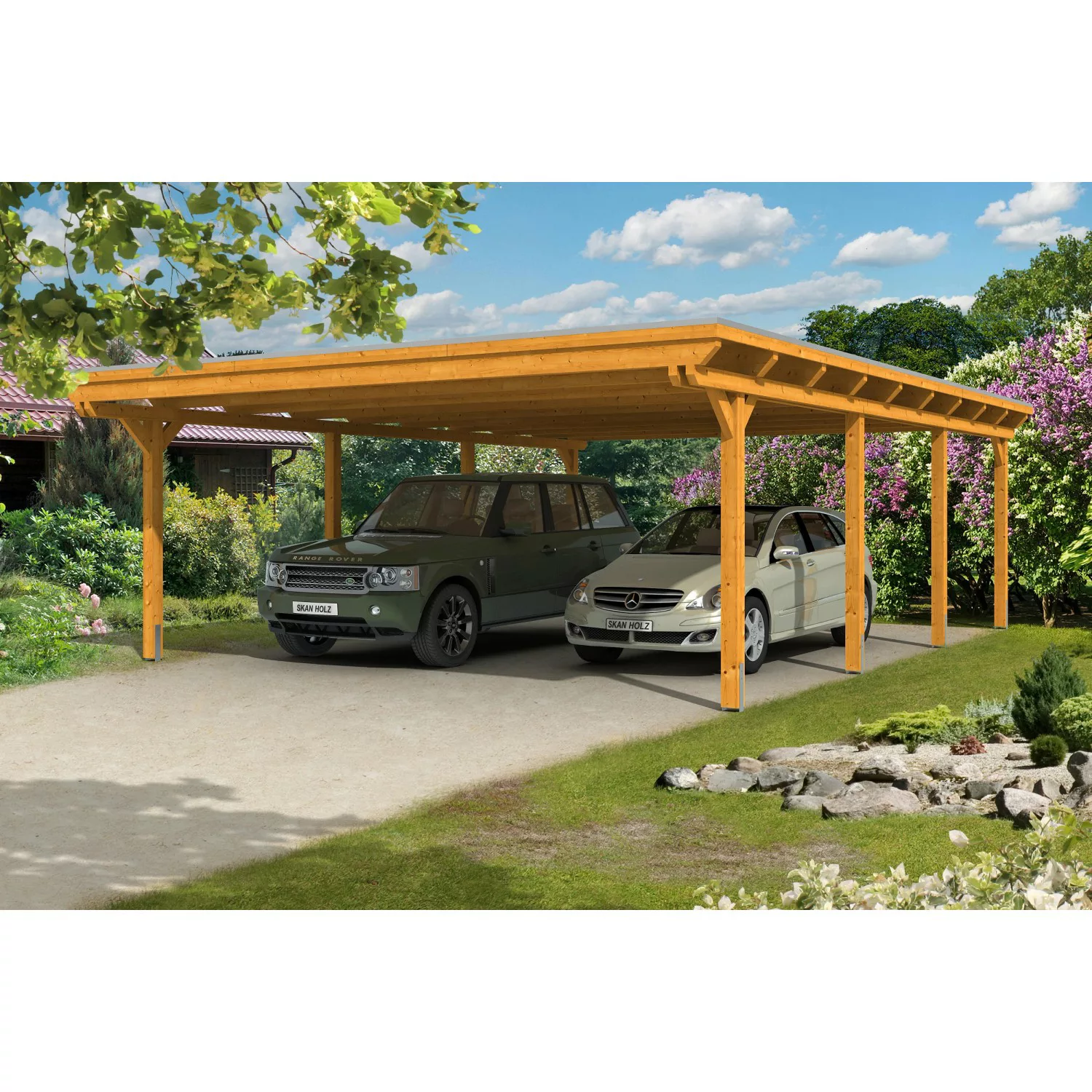 Skan Holz Doppelcarport Leimholz Eiche hell 613 cm x 846 cm Dachplatten günstig online kaufen