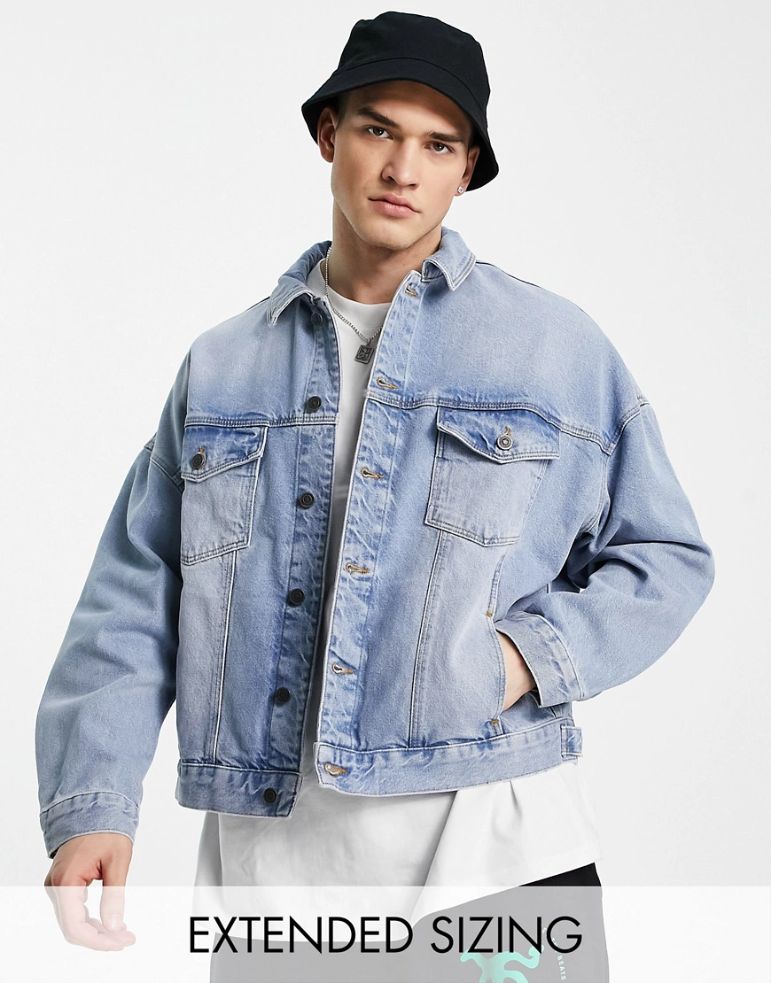 ASOS DESIGN – Oversize-Jeansjacke in mittlerer Vintage-Waschung-Blau günstig online kaufen