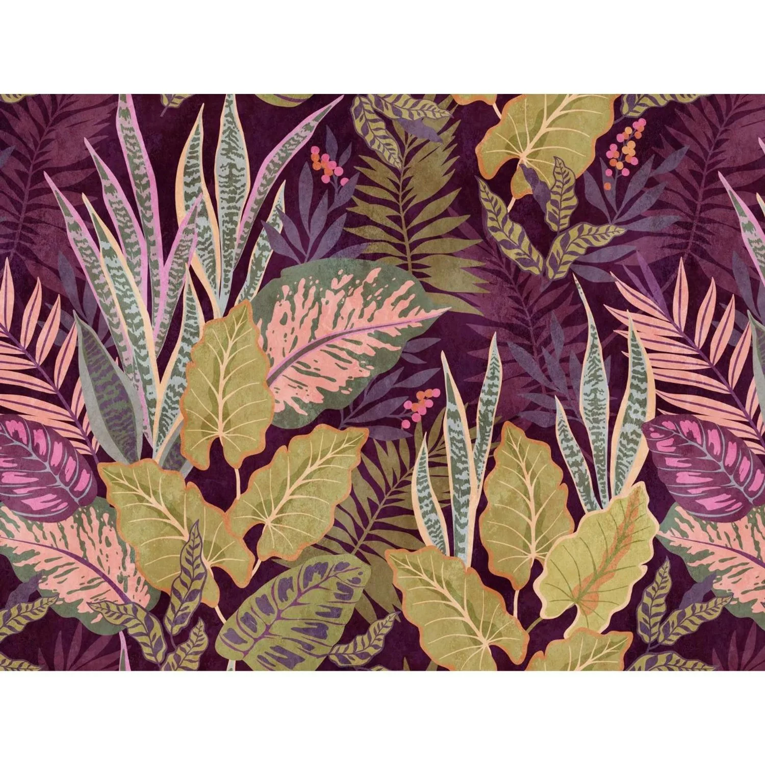 Bricoflor Digitaldruck Tapete Mit Blättern Lila Grün Tropical Vliestapete M günstig online kaufen